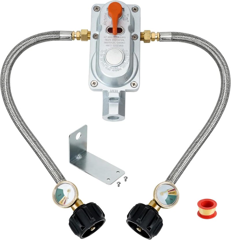 Skyflame مجموعة منظم غاز البروبان الأوتوماتيكي ذو المرحلتين مع 2 قطعة من العدادات وخرطوم توصيل مضفر بطول 12 بوصة لخزانات البروبان المزدوجة لمقطورات RV وكامبر - Image 1